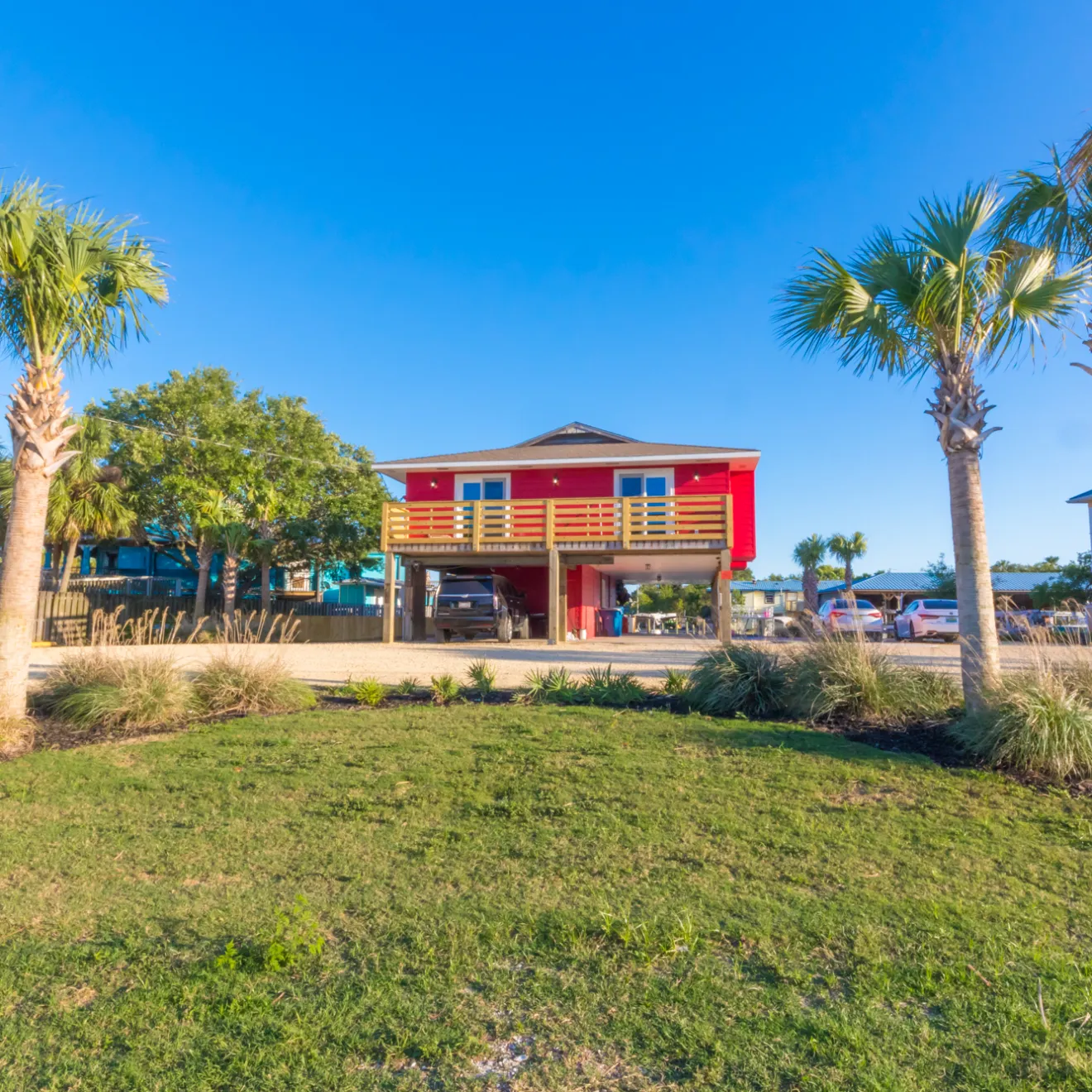 a group of palm trees in front of a house
